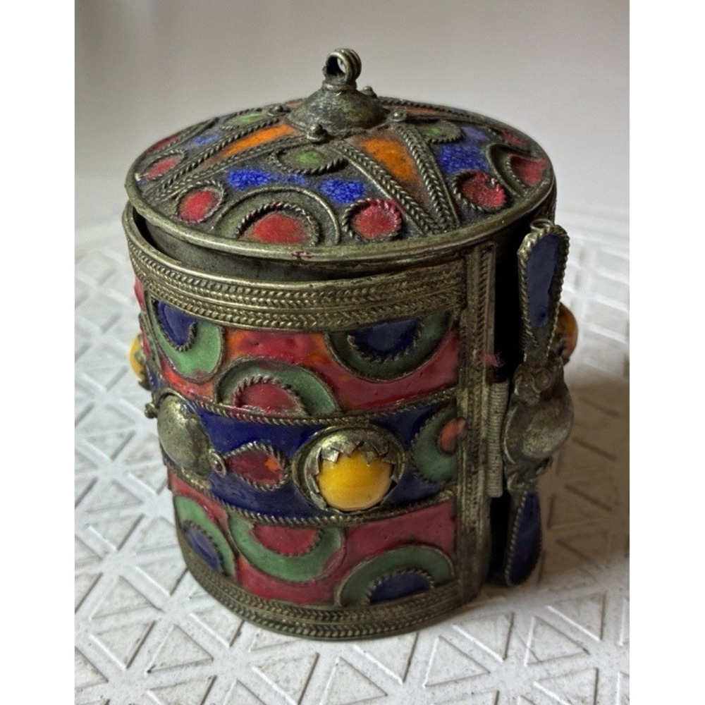 Antique Handcraft Orange Blue Enamel Moroccan Berber Bracelet Jewlery Box (18gg